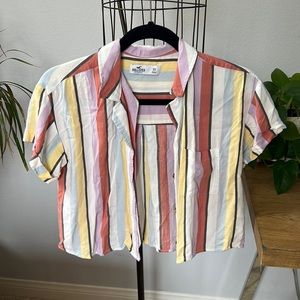 Coral lavender, yellow blue striped button up T from Hollister extra small